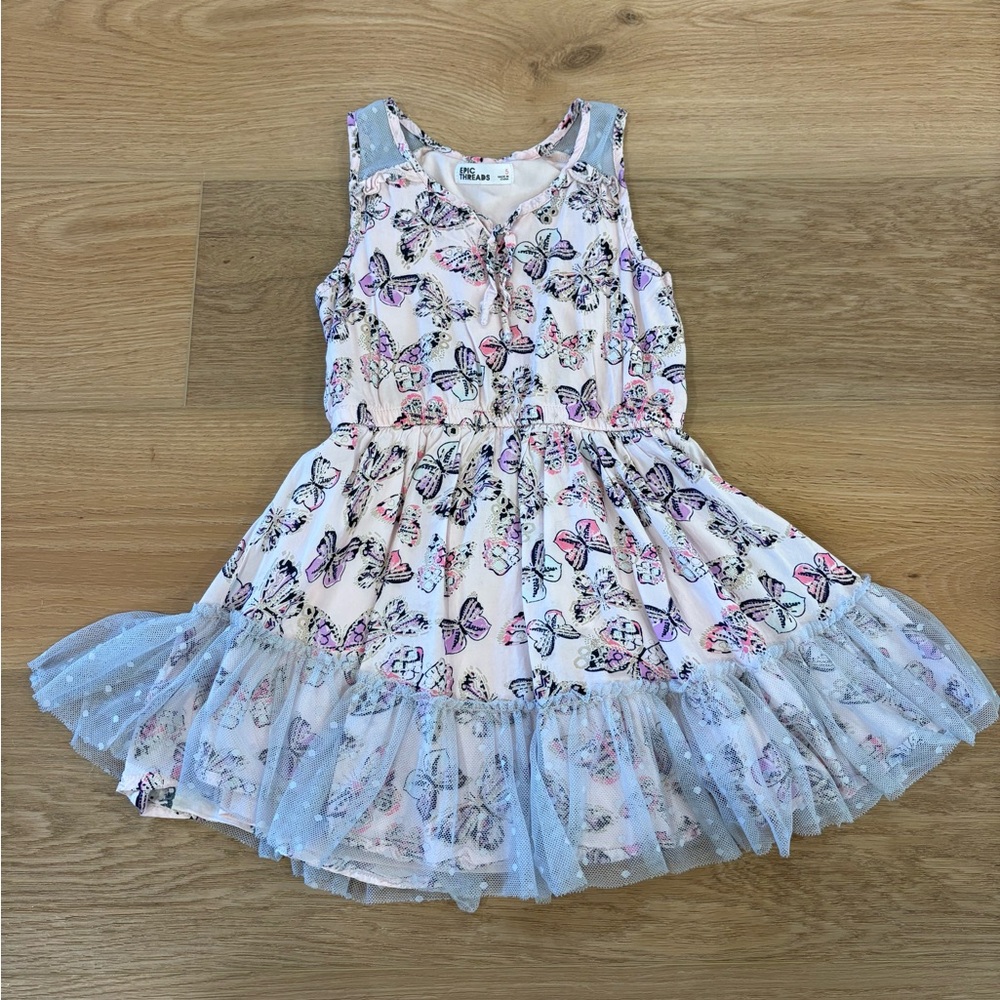 Girls Butterfly Print Dress with Tulle Hem